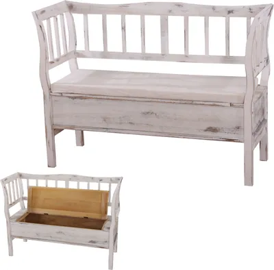 Obrázok produktu pre Lavica T207, lavica lavica lavica drevená lavica úložná truhlica, úložný priestor vankúš drevo 119cm ~ biela, ošumelá