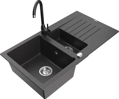 Produktbild von Mexen Matias 1,5-Becken-Granitspüle mit Abtropffläche und Mischbatterie Telma, Schwarz gesprenkelt - 6502-76-670200-70