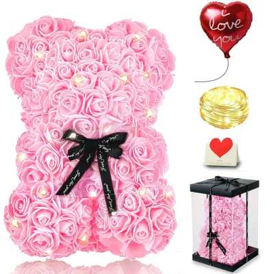 Teddybär mit Rosen, 25 cm, handgefertigt, Geschenkset mit Licht