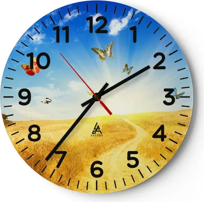 Produktbild von Wanduhr - Rund - Glasuhr - Schmetterlinge Wiese Gras - 30x30cm - Schleichendes Uhrwerk - Lautlos - zum Aufhängen bereit - Dekoration Modern - Wanddekoration aus Glas - C4AR30x30-0517