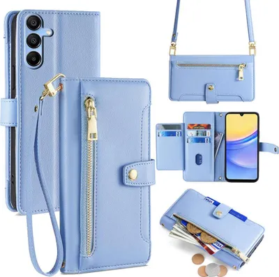 Produktbild von Handykette Samsung Hülle mit Band Handyhülle Kartenfächer Kunstleder Umhängetasche Galaxy A15 Hellblau