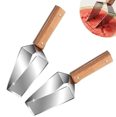 Produktbild von 2er Set Wassermelonenschneider aus Edelstahl, Melonenschneider mit Holzgriff, Obstschneider für Wassermelone Melone Apfel, Fruchtschneider