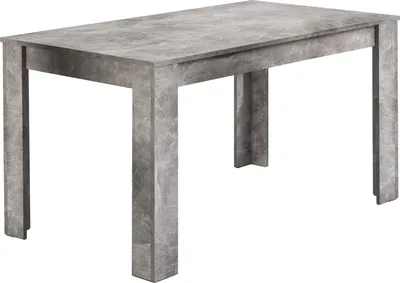 A rectangular dining table with a concrete-like finish.