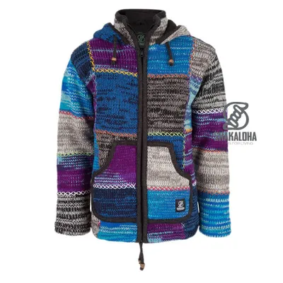 Immagine prodotto di Shakaloha Gilet in lana lavorato a maglia Patch NH Pelliccia multicolore con fodera in pile e cappuccio con collo interno – Donna – Realizzato a mano in Nepal con lana di pecora