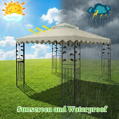 Image de Toit de rechange pour pavillon 3x3m, toit de pavillon, toit de pavillon imperméable en tissu polyester 300D pour pavillon de jardin, beige