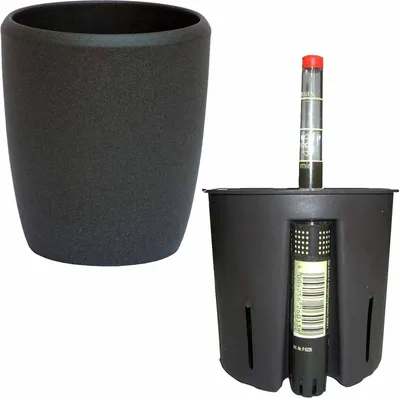 A dark gray speckled planter pot and a disassembled self-watering planter system are shown against a white background.