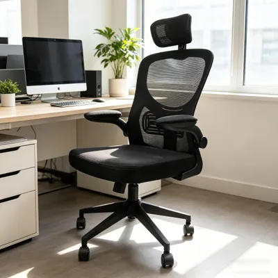 Produktbild von Bürostuhl Schreibtischstuhl Ergonomisch mit Hochklappbaren Armlehnen&Kopfstütze,Höhenverstellbarer Chefsessel Drehstuhl,Netzstuhl für Heimbüro