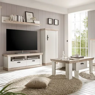 Produktbild von Wohnmöbel-Set im Landhaus-Design FERNA-61 in Pinie weiß und Oslo dunkel Nb. mit TV-Lowboard und Couchtisch B/H/T ca. 215x201x44 cm