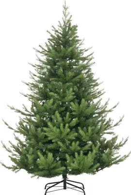 A full shot of a green artificial Christmas tree on a white background.