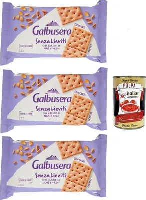 Produktbild von Galbusera Senza Lieviti Cracker con Farine di Mais e Orzo, Cracker mit Maismehl und Gerste, hefellos 3x 300 g + Italian Gourmet polpa 400g