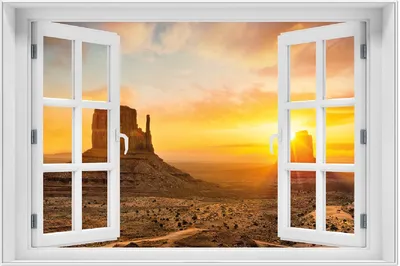 Produktbild von Wallario Wandbild mit Fenster-Illusion: Monument bei Sonnenuntergang, Größe: 61 x 91,5 cm, Poster mit weißem Aluminiumrahmen