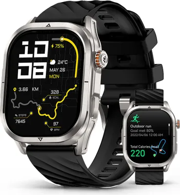 A smartwatch with a black strap and silver casing is displayed, with a smaller version of the same watch next to it.
