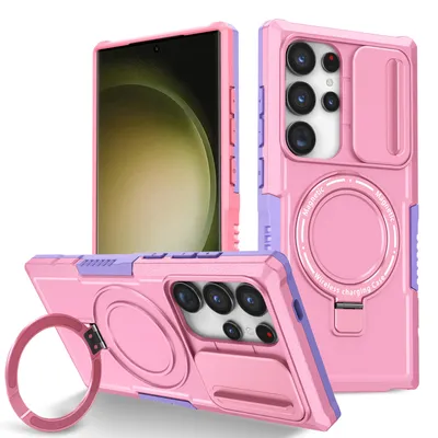 Produktbild von Handyhülle für Samsung Galaxy S25 Kompatibel mit MagSafe, Robuste Hülle mit Schiebe Kamera Schutz, Magnetischer Ringständer Pink