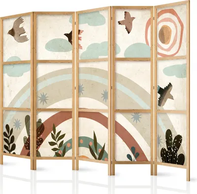 Produktbild von 5-teiliger Einseitiger Vlies Japanischer Paravent - Sun Above the Rainbow - Birds in subdued colors - flying among clouds above a rainbow and vegetation on a light beige background. 225x172 cm Für Kinder e-C-10065-bh-b