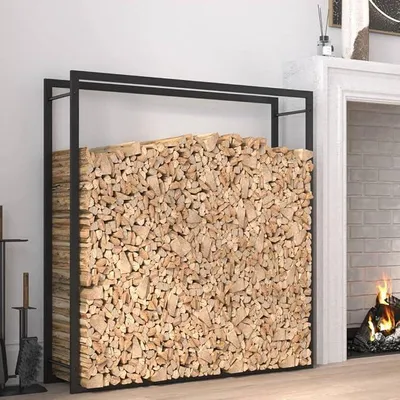 Produktbild von Brennholzregal Stabiler Feuerholzständer für Kamin Innen & Außen Metall Holzstapelhalter Regal für Kaminholz Mattschwarz 110x28x116 cm Stahl