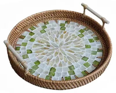 Immagine prodotto di Vassoio in giunco con manici, vassoio decorativo intrecciato a mano, 28 cm