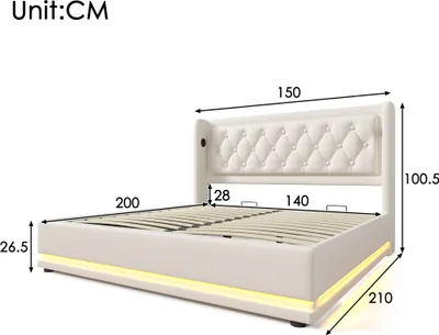 Produktbild von okwish Boxspringbett Polsterbett 140 x 200 cm mit 3-seitige LED-Beleuchtung und Kopfteil mit USB Typ-C-Ladeanschluss, Hydraulisches Stauraumbett mit Bettkasten Stauraum(Ohne Matratze)- Weiß
