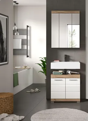 Produktbild von Badezimmer-Set Wave | weiß Hochglanz / Nox Oak | 2-teilig
