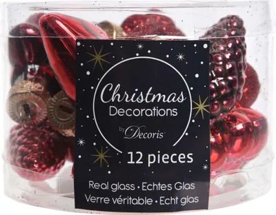 Produktbild von Christbaumschmuck Figuren Mix Glas 4cm 12er Set - Ochsenblut / Rot