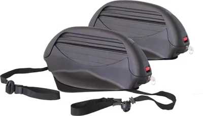 Two black ski/snowboard carriers with straps are shown against a white background.