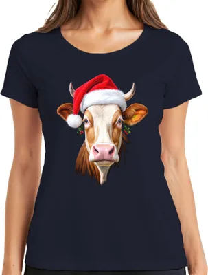 Produktbild von Weihnachtskuh Nikolausmütze Bauernhof Geschenk niedlich lustig Damen T-Shirt, Navy, M