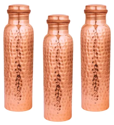 Zdjęcie produktu dla Butelka na wodę z czystej miedzi, ręcznie wykonana, pojemność 950 ml, wzór tłoczony, zestaw 3 sztuk