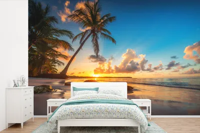 Produktbild von MuchoWow® Fototapete für Wohnzimmer oder Schlafzimmer Wandtapete Vinyl Motivtapete Strand - Meer - Palme - Sonnenuntergang - 600x400 cm - Vinyltapeten