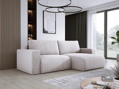 Obrázok produktu pre DomoHome Univerzálna rohová sedačka s funkciou spania a lôžkom Mäkká tkanina Flexibilné nastaviteľné pravé rozloženie Plocha na spanie: 205x125cm Rozmery: 247x143x83cm Farba: špinavá béžová
