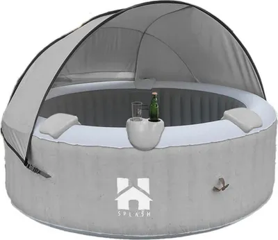 Produktbild von HOME DELUXE - Outdoor Whirlpool - SPLASH + Kissen, Getränkehalter und Sonnendach - Farbe: Beton- ⌀ 208 cm, 130 Luftdüsen - inkl. Abdeckung, Reparaturset, Filterset I Außen Spa für 6 Personen