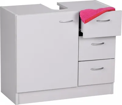 A white bathroom vanity cabinet with one door and three drawers, with a pink towel peeking out of the top drawer.