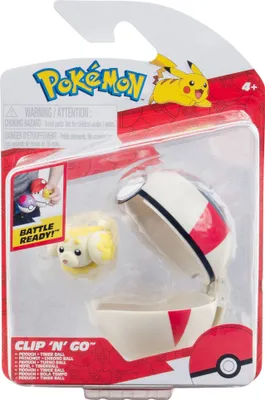 The image shows a packaged Pokémon Clip 'n' Go toy set, featuring a small yellow Pokémon figure and two Poké Balls.