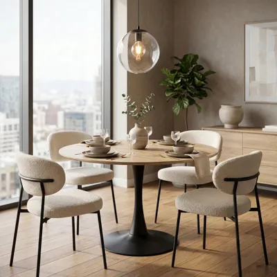 Produktbild von Runder Esstisch VICTORY 70 cm – Light Wood Smoke, moderner Küchentisch mit Metallfuß, skandinavisches Design