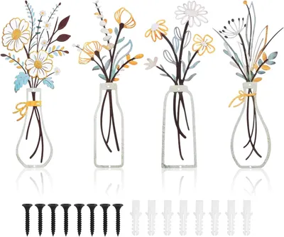 Produktbild von Wanddekoration 4 Stücke, Metall, Blumen und Vase Design, für Wohnzimmer