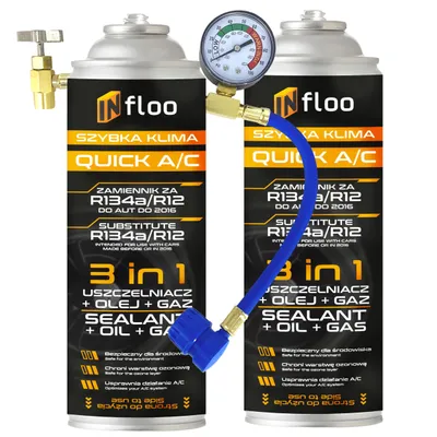 Produktbild von INfloo Quick A/C R134a Ersatz 3in1 2x 205g Klimaanlagenfüllung mit Öl & Dichtmittel + Schlauch mit Manometer für Fahrzeuge 1994–2016