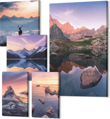 Obrázok produktu pre Zostava Obrazov Na Plátne – Polycanvas – Moderné Nástenné Umenie – Obrazy Do Spálne – Sada Obrazov – Minimalistické Obrazy – Tip Na Darček – 2x 30x30 cm + 2x 20x30 cm + 1x 40x60 cm – Horská krajina so západom slnka a odrazmi vody