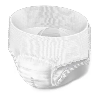 A white disposable diaper or pull-up pant is shown against a white background.