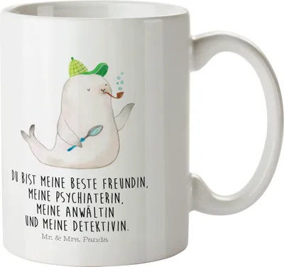 Produktbild von Mr. & Mrs. Panda Henkelbecher Robbe Sherlock - Weiß - Geschenk, Mehrwegbecher, Trinklernbecher, Plastikbecher, Schulkind Tasse, Pott, Lustige Sprüche