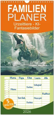 Produktbild von Familienplaner 2026 - Urzeittiere - KI-Fantasiebilder mit 5 Spalten (Wandkalender, 21 x 45 cm) CALVENDO