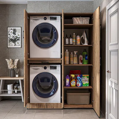 Produktbild von Roomart Waschmaschinenschrank " DORA SET" für Trockner & Waschmaschine, 130 cm breit,  in 4 Farben, mit Türen & Ausziehbrett - Weiß - Weiß Eiche - Anthrazit Eiche - Eiche