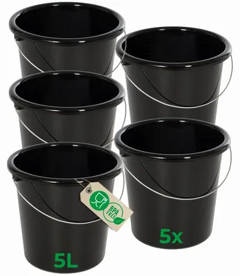 Produktbild von Novaliv 5 Stück Eimer 5L Schwarz mit Maßeinteilung - Putzeimer 5 Liter ⌀ 22,5 cm Praktischer Allrounder mit Skala für Haushalt & Garten ideal als Haushaltseimer, Wassereimer, Wischeimer, Bucket