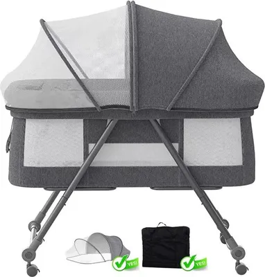 Image de Lit de voyage 4 en 1 pour bébé - Lit d'appoint confort - Fonction balancelle, roulettes silencieuses, pliable, 0-12 mois - Gris foncé