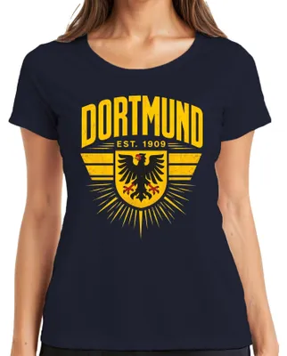 Immagine prodotto di Maglietta da donna, blu navy, taglia 3XL, con scritta "Dortmund Est 1909 Adler Wappen Ruhrpott Heimat" (uno slogan che fa riferimento alla città di Dortmund e alla regione del Ruhr)