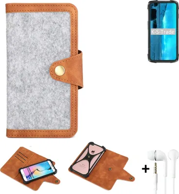 Produktbild von K-S-Trade Handyhülle + Kopfhörer kompatibel mit Cubot KingKong 7 Schutzhülle Filz Hülle Kunstleder hellgrau braun (1x)