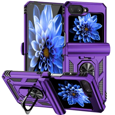 Immagine prodotto di Custodia per Samsung Galaxy Z Flip 5 a doppio strato con copertura scorrevole della fotocamera e supporto ad anello Viola