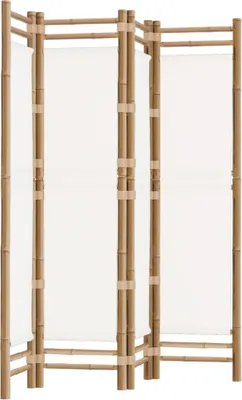 A four-panel folding screen made of bamboo and white canvas.
