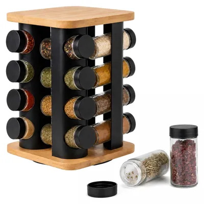 Image de Relaxdays, carrousel à épices, 16 pots, étagère à épices rotative à 360°, dimensions (L x l x h) : 28 x 18,5 x 18,5 cm, bambou, acier inoxydable, couleur naturelle/noir