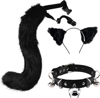 Produktbild von Katze Kostüm Set Furry Ohren Schwanz Choker Fuchs Cosplay Verkleidung Schwarz