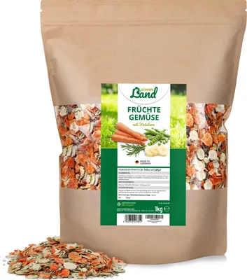 Produktbild von HÜHNER Land Früchte-Gemüse mit Kräutern Menü für Hühner & Geflügel 1kg I Natürliches Ergänzungsfuttermittel für Hühner, Gemüseflocken Hühnerfutter, Vitamine, Mineralien für Wohlbefinden