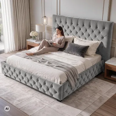 Obrázek produktu pro Elegantní manželská postel PARIS 180x200cm šedý samet Chesterfield design postel s opěradlem manželská postel