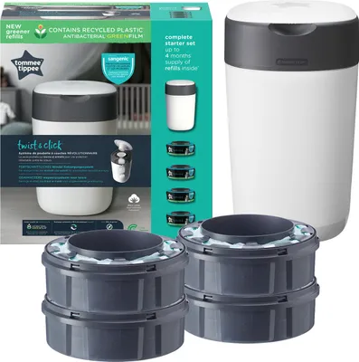 A product shot of a diaper pail starter set and refill cartridges, with packaging visible.